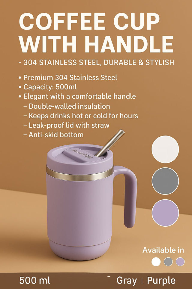 Coffee cup with handle - 304 stainless steel durable & stylish, 500ml